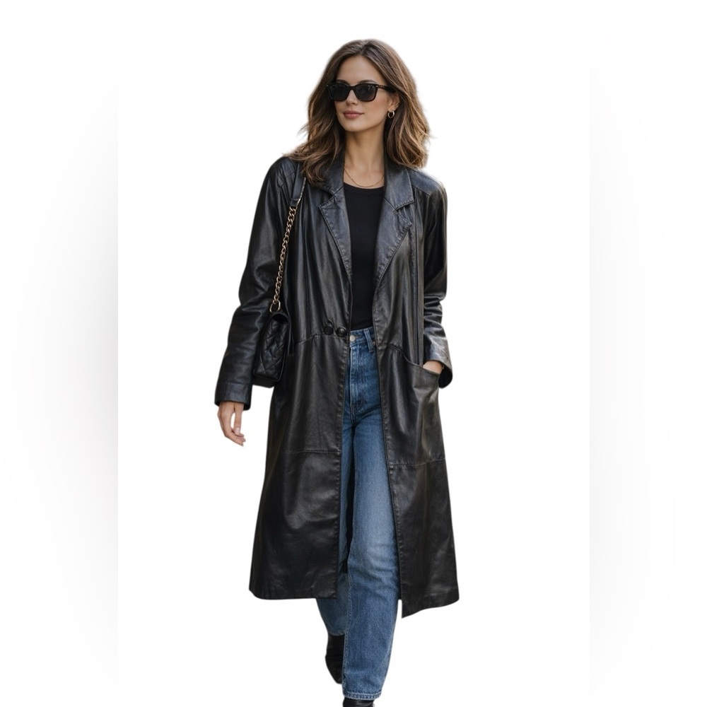 Vintage Avanti Black Genuine Leather Long Trench Coat PM